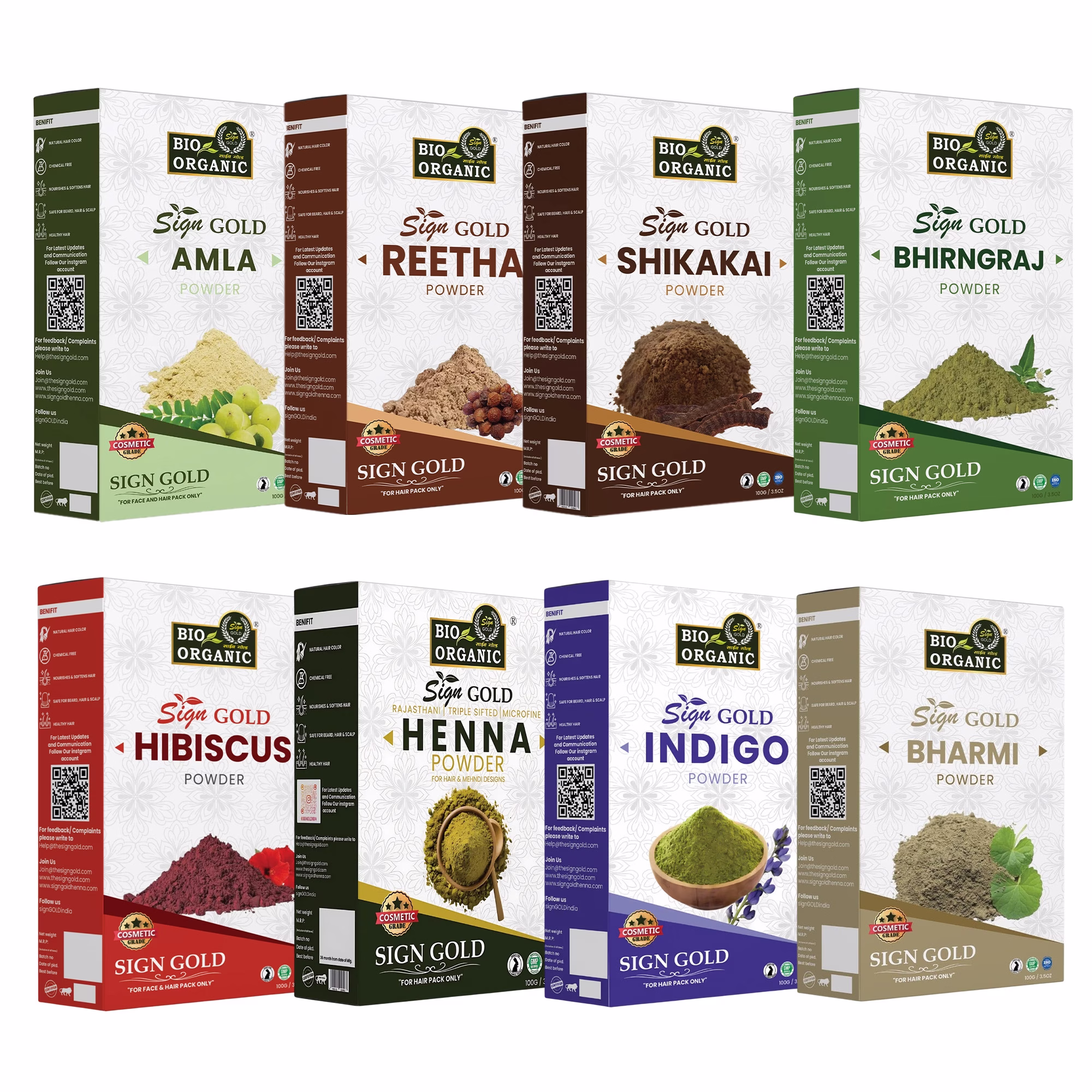 AMLA AREETHA SHIKAKAI BHRINGHRAJ HIBISCUS INDIGO HENNA BRAHMI